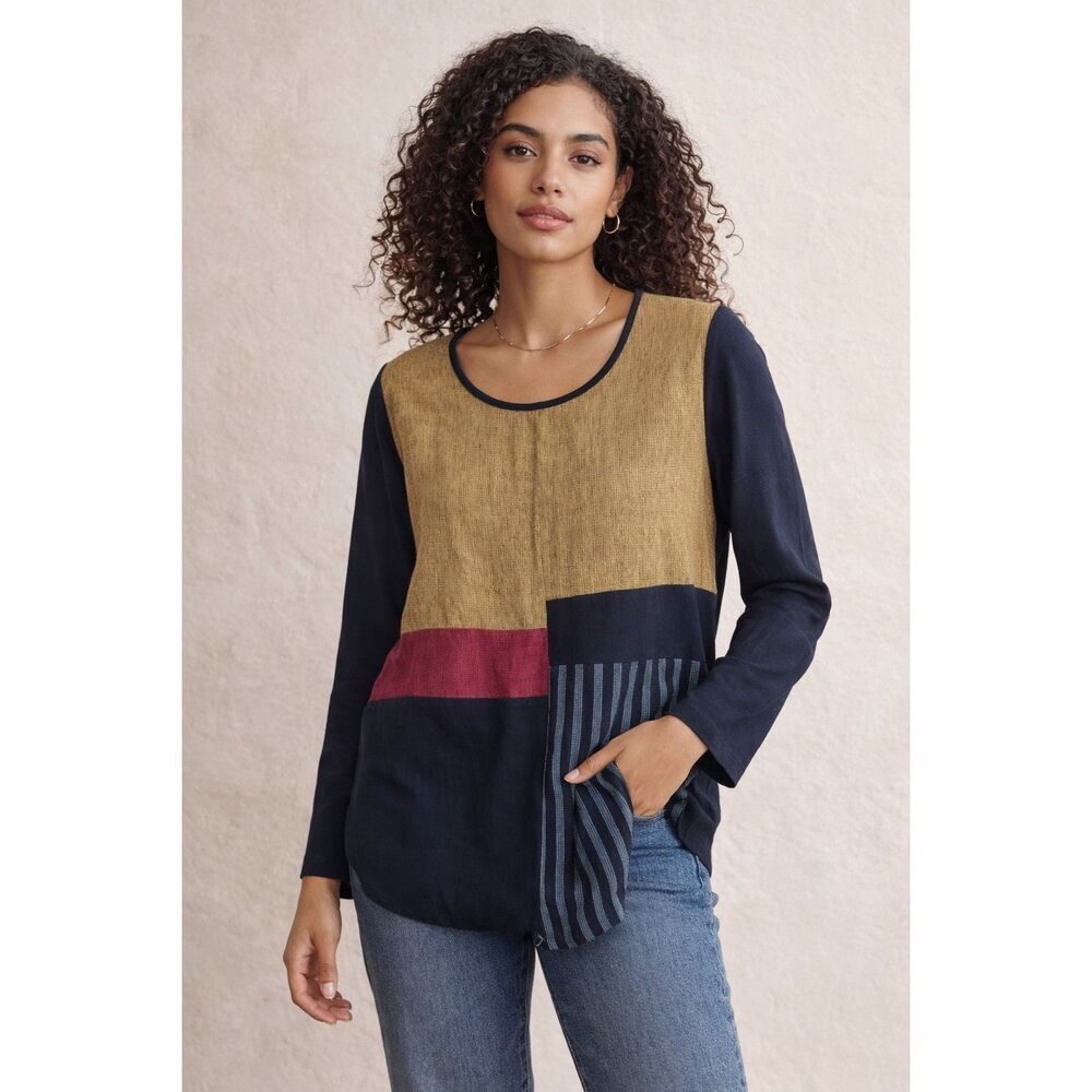 Khangura Colorblock Linen Blend Lagenlook Art Tunic Top Made USA Wm’s Sz Small
